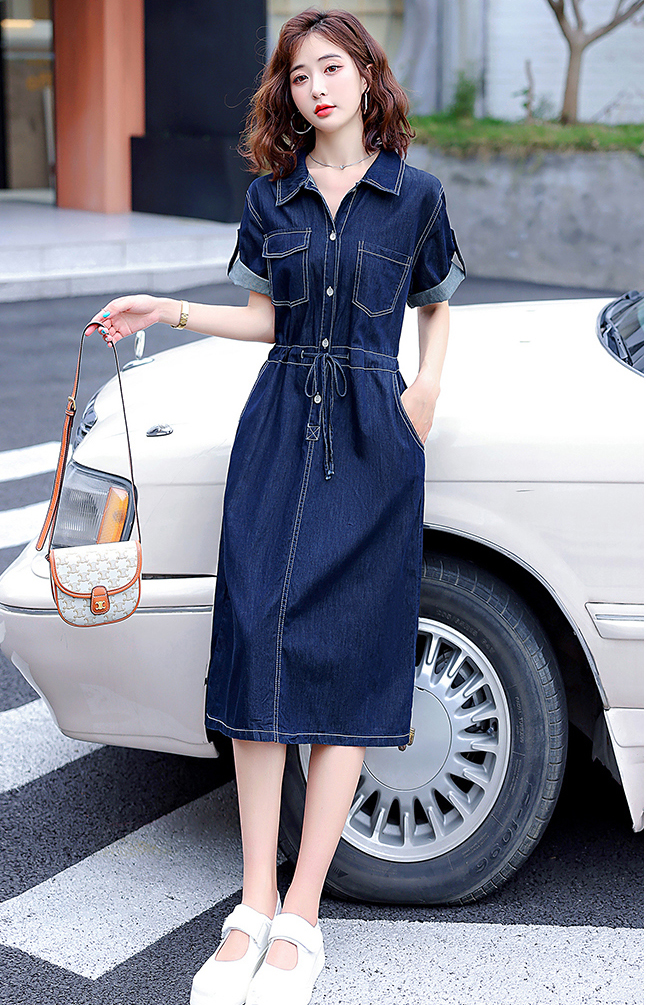 ĐẦM JEAN XÒE CỔ SƠ MI EO RÚT - NJ220